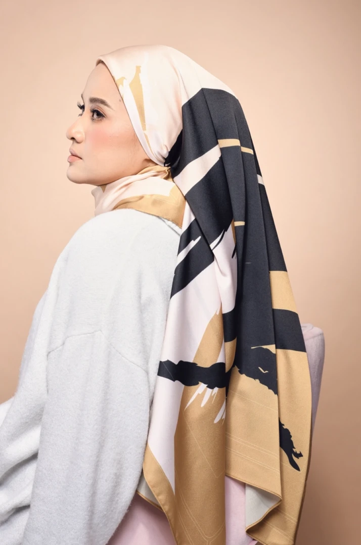 Gold And Black Smoothy Silk Square Printed Scarf
