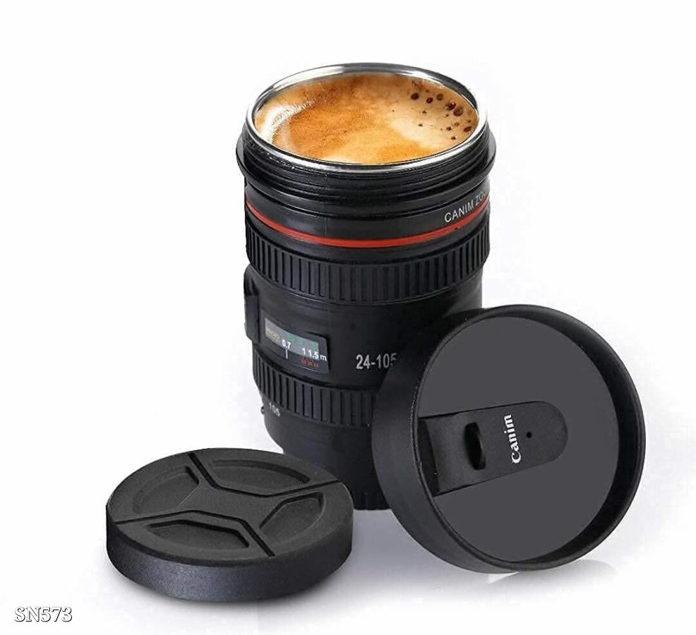 Super Classic Camera Lens Shaped Coffee Mug With 2 Lids, Steel Insulated | Gifting Idea| Dslr Camera Lens Shaped Travel Thermos Cup 350 Ml - (pack Of 1 -black)