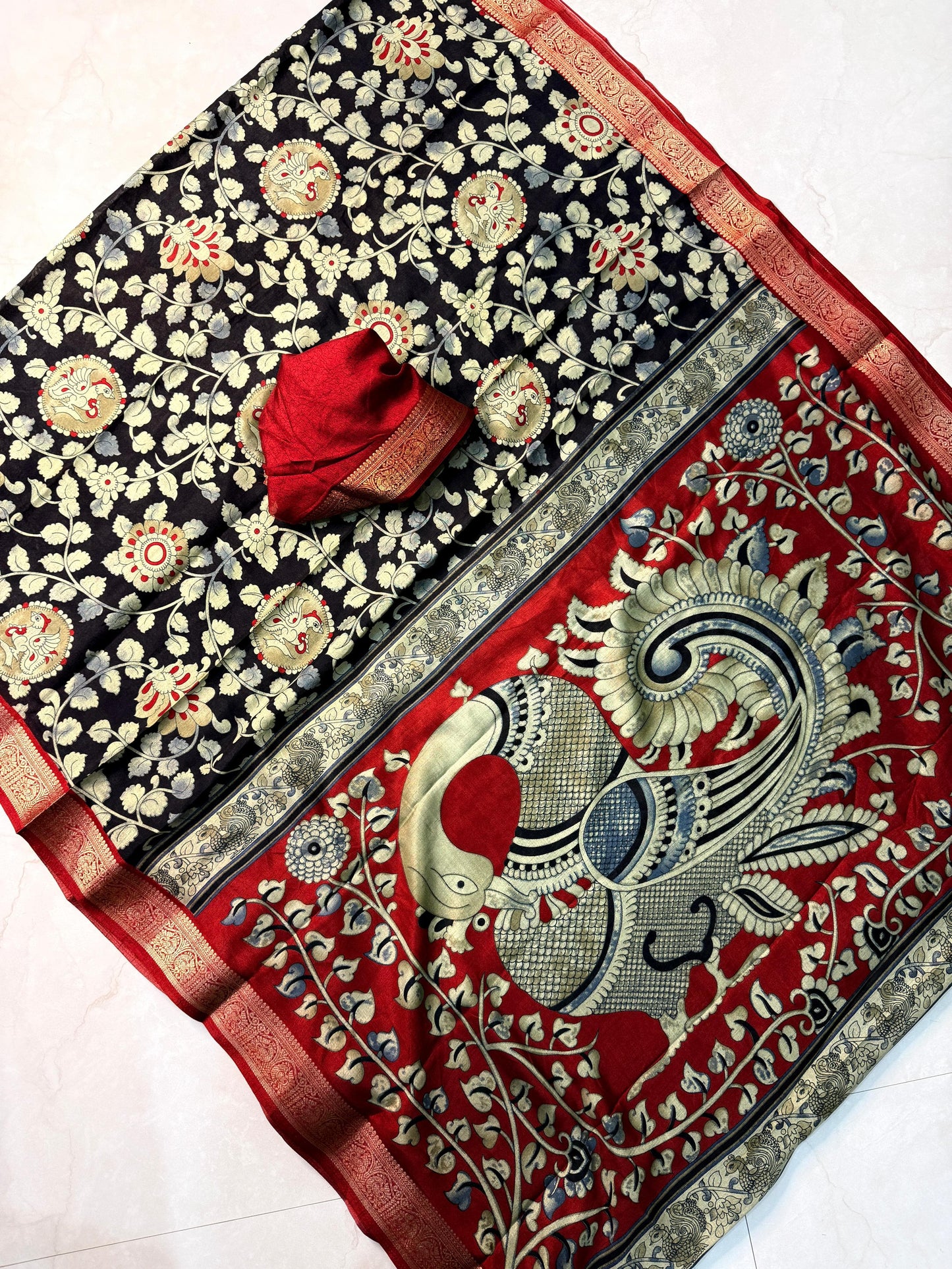 Soft dola silk sarees with pen* *kalamkari design*