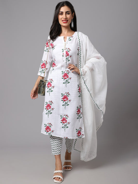 White Floral Printed Fancy Kurti With Bottom & Dupatta set