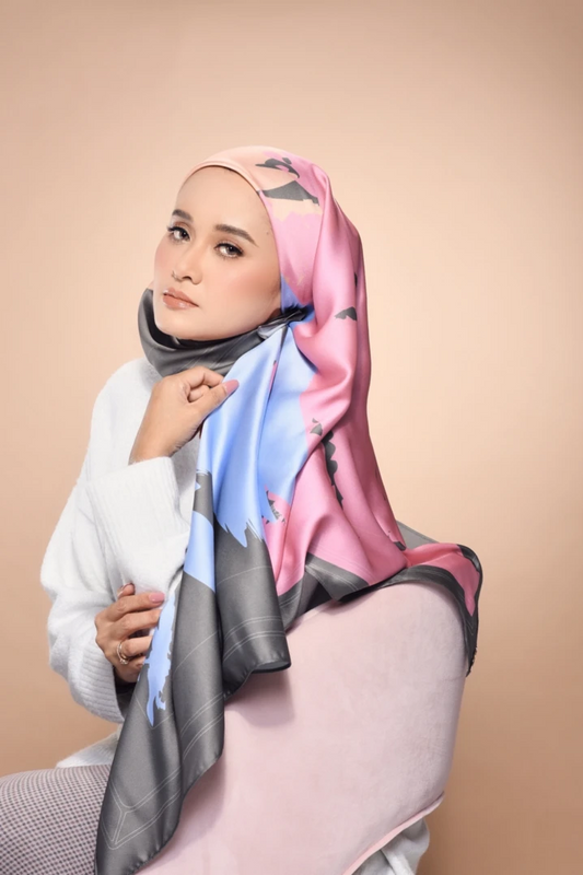 D Grey And Pink Silk Square Printed Scarf