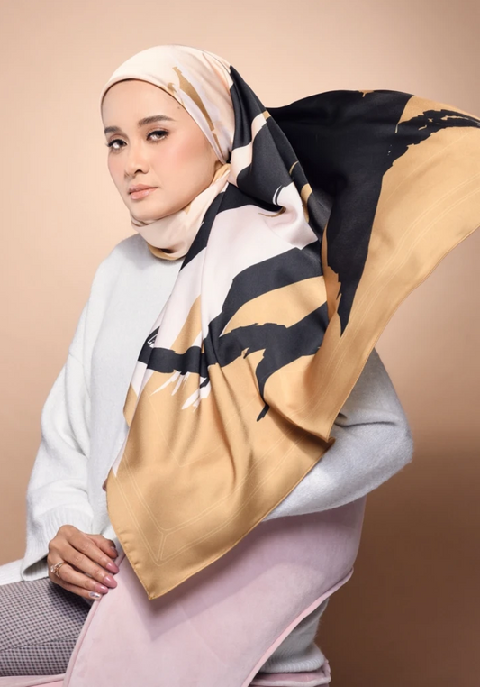 Gold And Black Smoothy Silk Square Printed Scarf