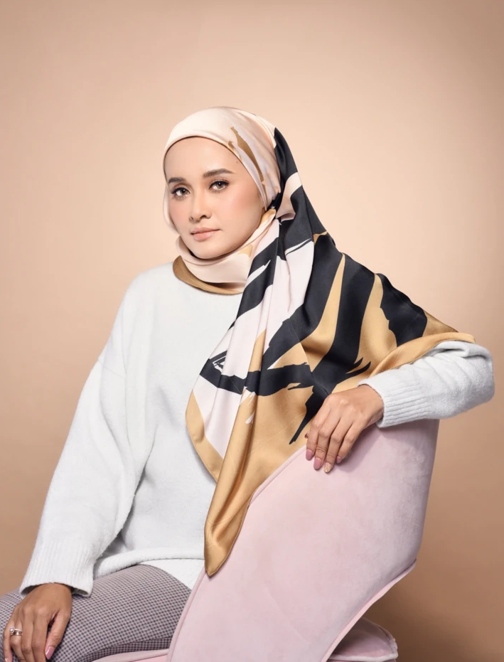 Gold And Black Smoothy Silk Square Printed Scarf