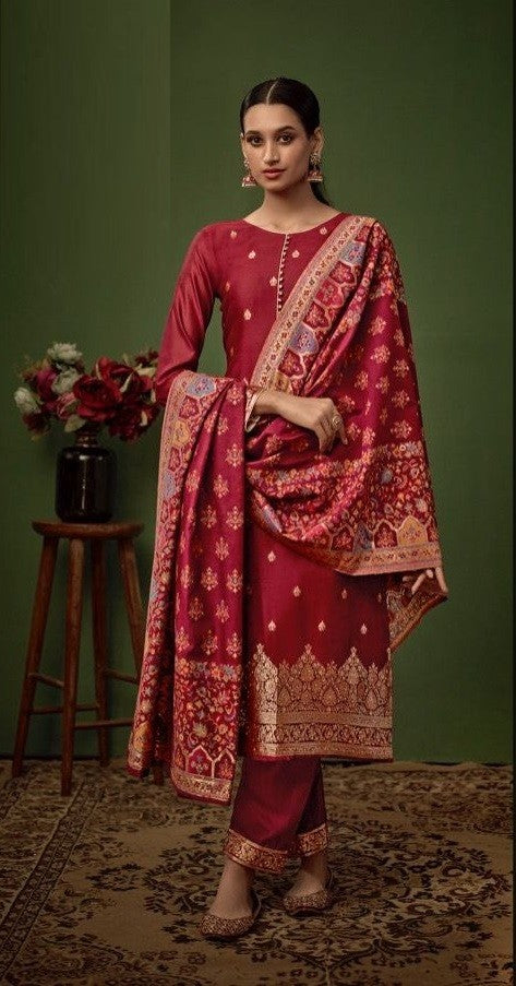 Red Festive Collection Of Jacquard Silk Dress Material
