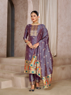 Purple Grey Pure Tapeta Silk Designer Dress Material