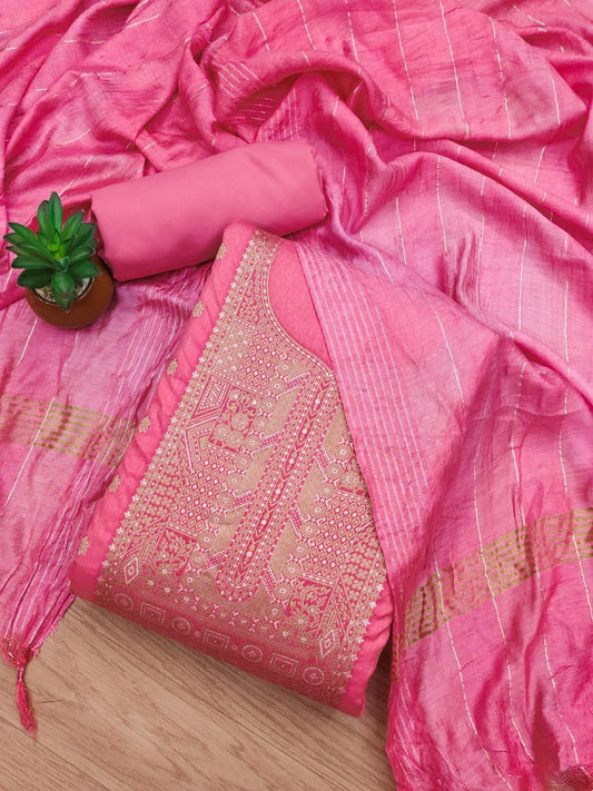 Rose Pink Dyable Dola Chanderi Jacquard Silk Dress Material