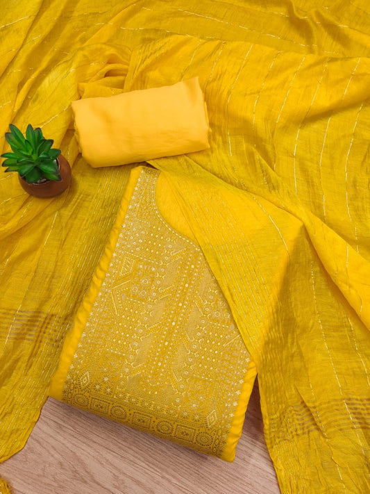 Orangey Yellow Dyable Dola Chanderi Jacquard Silk Dress Material
