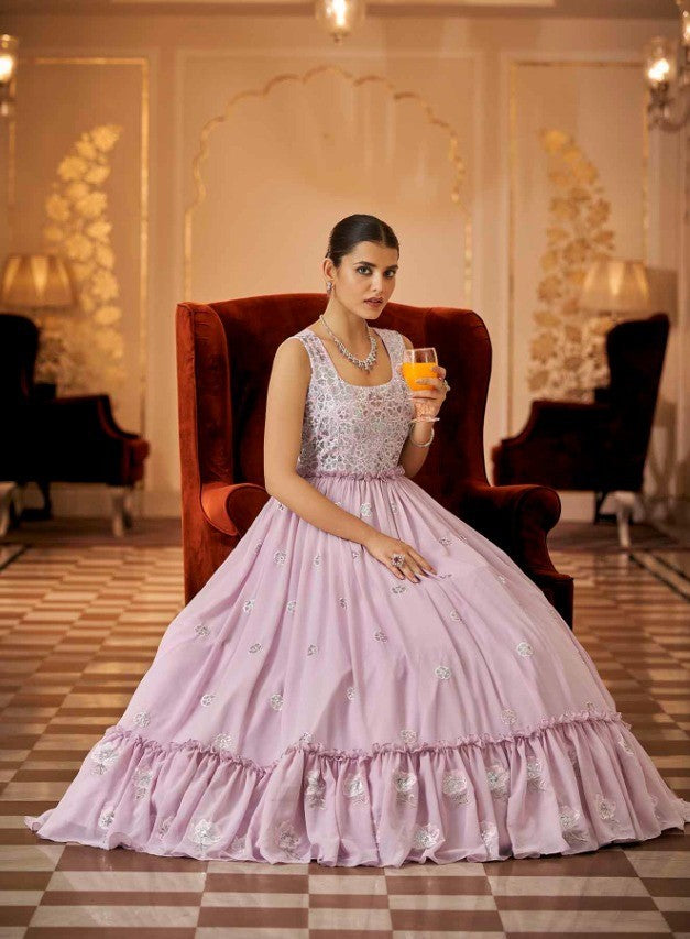 Semi-Stitched Stylish Dusty Pink Floral Embroidered Georgette Long Gown