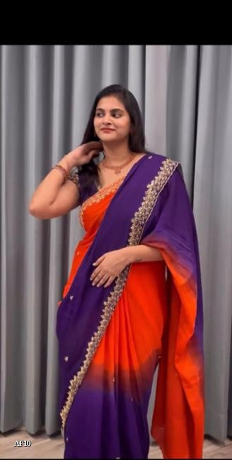 Soft Hand Dyeing Chinnon Saree With *Heavy Embroidery Sequence And Jari Work And Border Arca