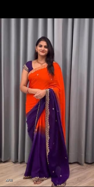 Soft Hand Dyeing Chinnon Saree With *Heavy Embroidery Sequence And Jari Work And Border Arca