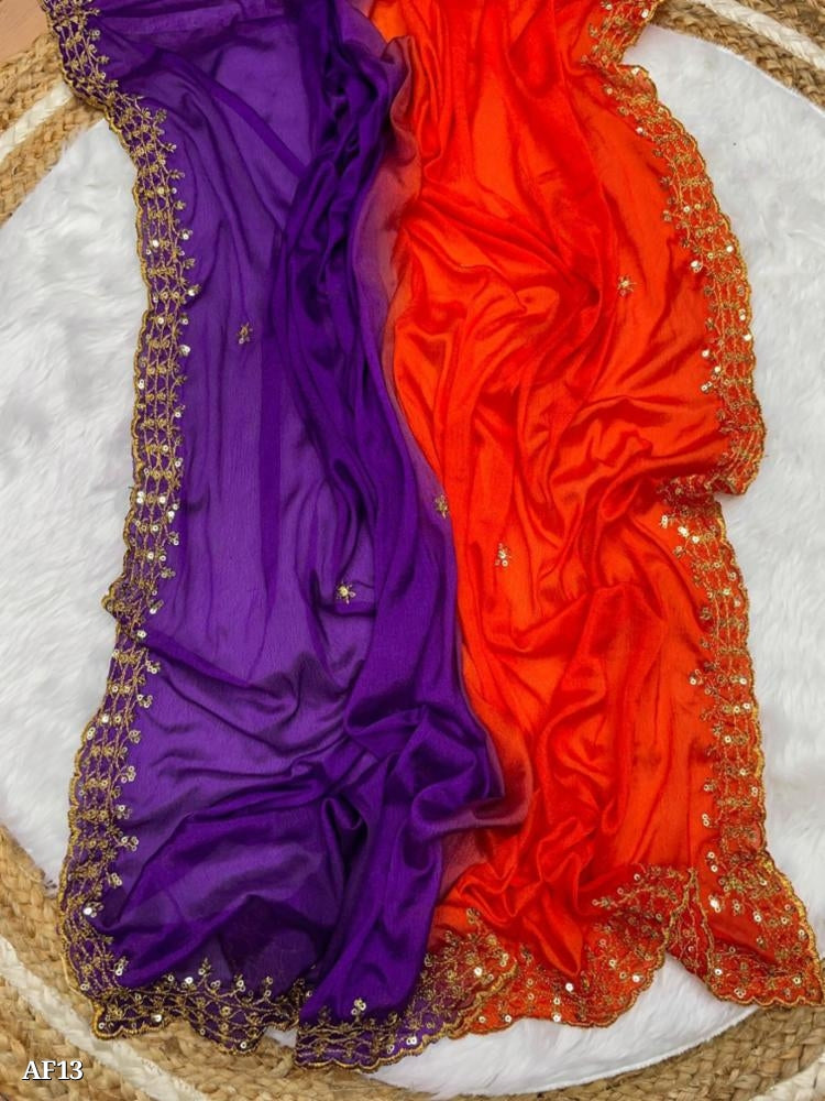 Soft Hand Dyeing Chinnon Saree With *Heavy Embroidery Sequence And Jari Work And Border Arca