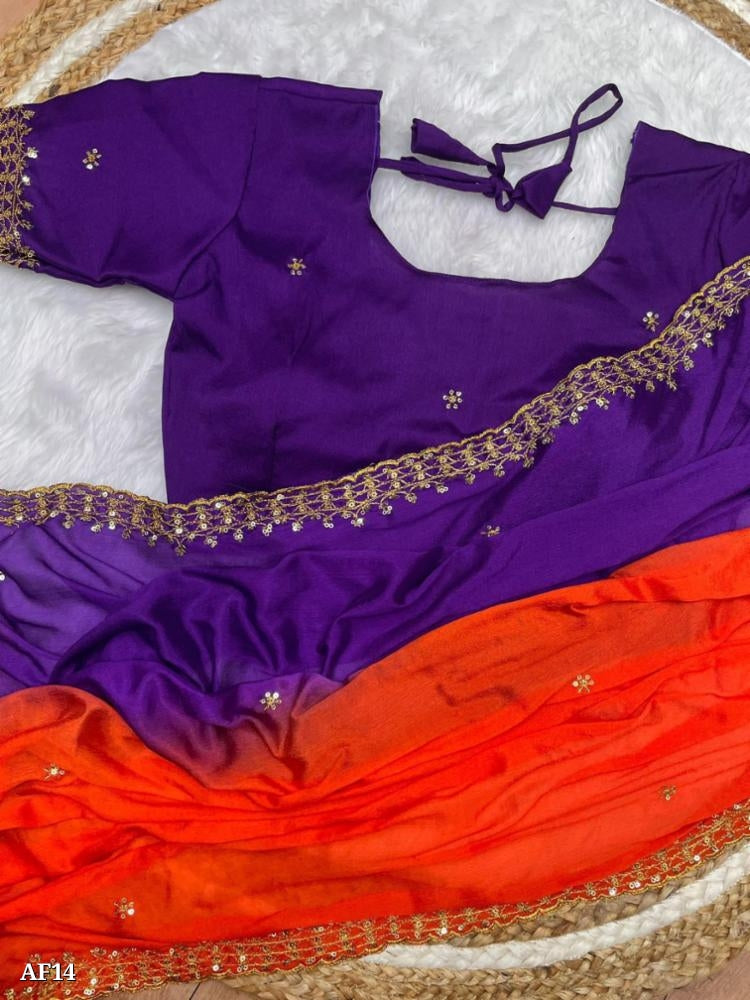 Soft Hand Dyeing Chinnon Saree With *Heavy Embroidery Sequence And Jari Work And Border Arca