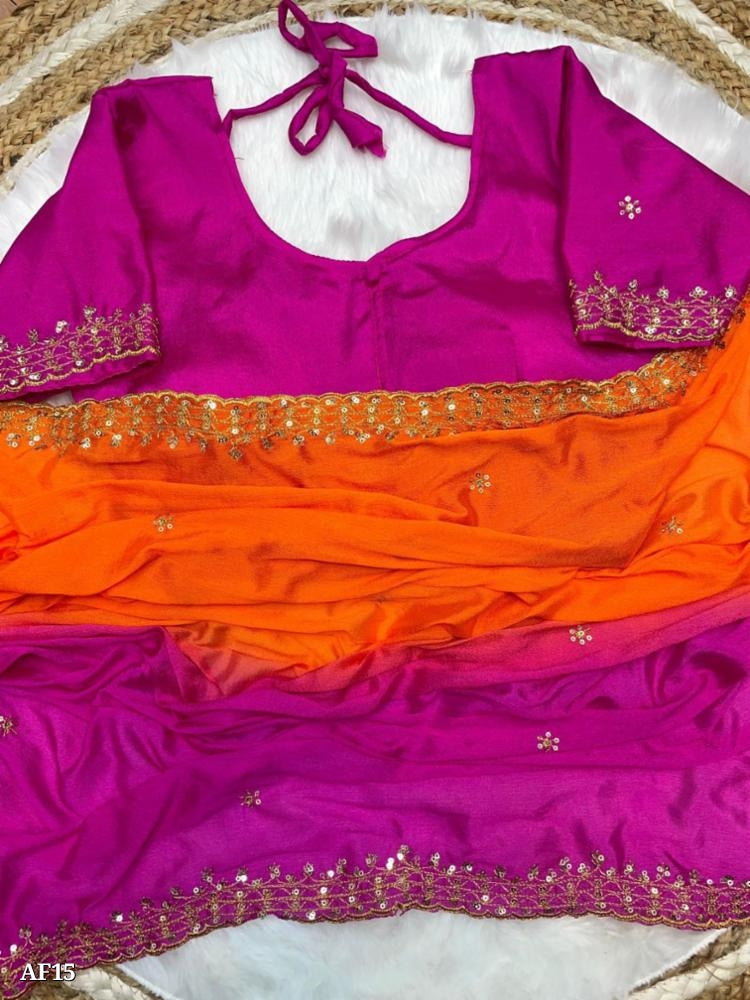 Soft Hand Dyeing Chinnon Saree With *Heavy Embroidery Sequence And Jari Work And Border Arca