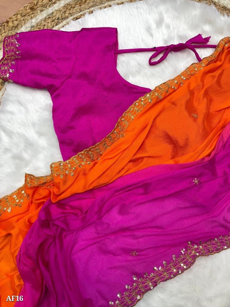 Soft Hand Dyeing Chinnon Saree With *Heavy Embroidery Sequence And Jari Work And Border Arca