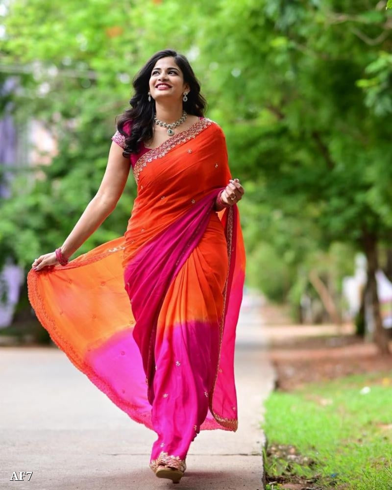 Soft Hand Dyeing Chinnon Saree With *Heavy Embroidery Sequence And Jari Work And Border Arca