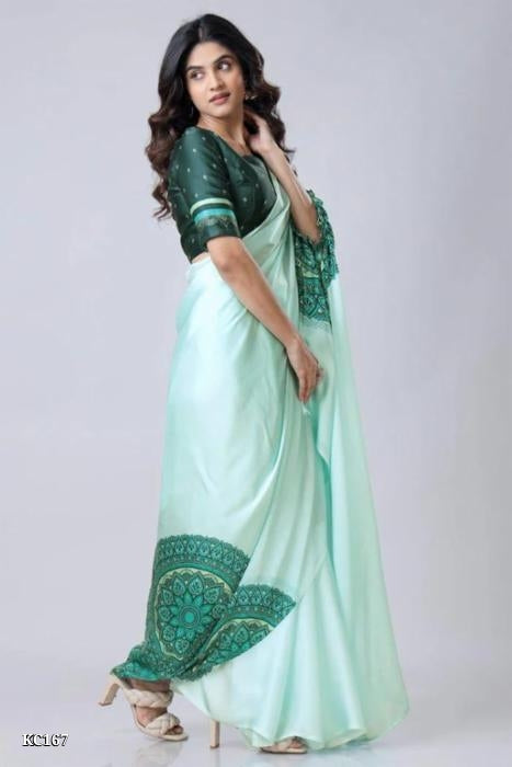 Ready To Wear Free-hand Satin Saree👜✨ This Free Hand Satin Saree Showcases Fashion