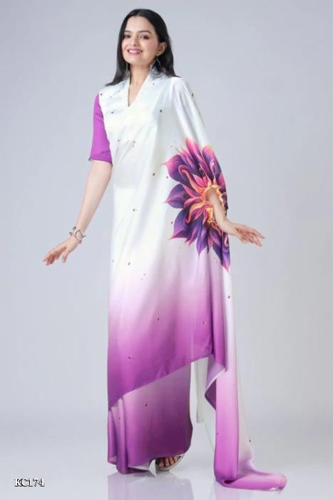 Ready To Wear Free-hand Satin Saree👜✨ This Free Hand Satin Saree Showcases Fashion