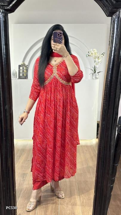 Beautiful Rayon 140 Fabric Bandhej Print Aliya Cut kurti Pant With Chiffon Dupatta