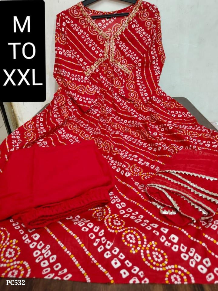 Beautiful Rayon 140 Fabric Bandhej Print Aliya Cut kurti Pant With Chiffon Dupatta