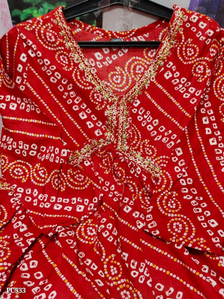 Beautiful Rayon 140 Fabric Bandhej Print Aliya Cut kurti Pant With Chiffon Dupatta