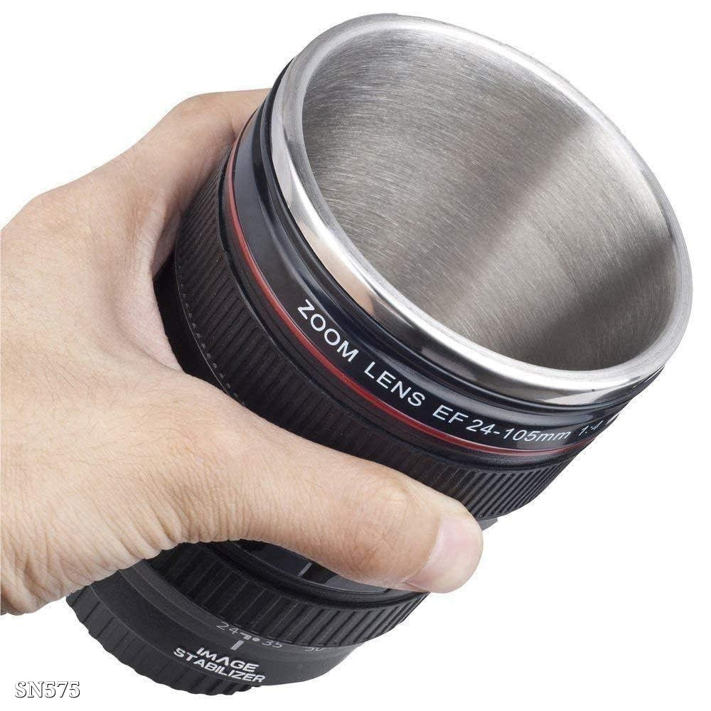 Super Classic Camera Lens Shaped Coffee Mug With 2 Lids, Steel Insulated | Gifting Idea| Dslr Camera Lens Shaped Travel Thermos Cup 350 Ml - (pack Of 1 -black)