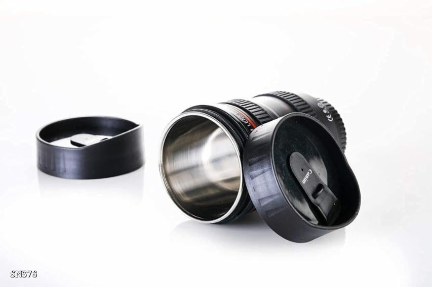 Super Classic Camera Lens Shaped Coffee Mug With 2 Lids, Steel Insulated | Gifting Idea| Dslr Camera Lens Shaped Travel Thermos Cup 350 Ml - (pack Of 1 -black)