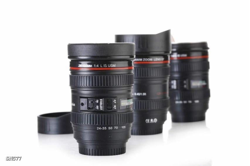 Super Classic Camera Lens Shaped Coffee Mug With 2 Lids, Steel Insulated | Gifting Idea| Dslr Camera Lens Shaped Travel Thermos Cup 350 Ml - (pack Of 1 -black)