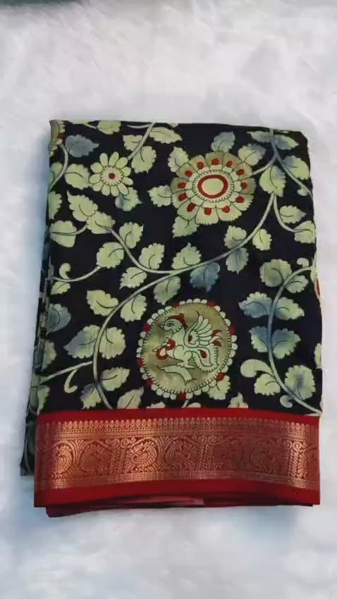 Soft  dola silk sarees  with pen* *kalamkari design*
