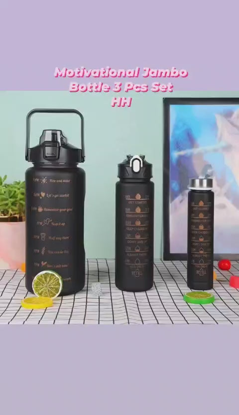Heavy Quality Motivational Water Bottle Combo Set Black (3pcs set)